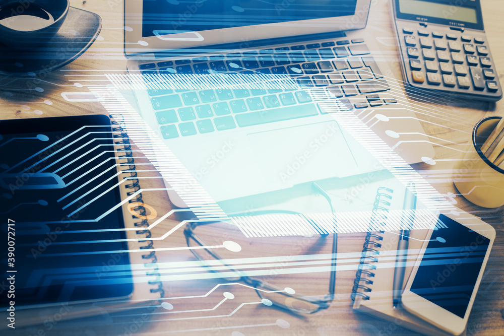 Double exposure of table with computer on background and data theme drawing. Concept of innovation. Double exposure of table with computer on background and data theme drawing. Concept of innovation.