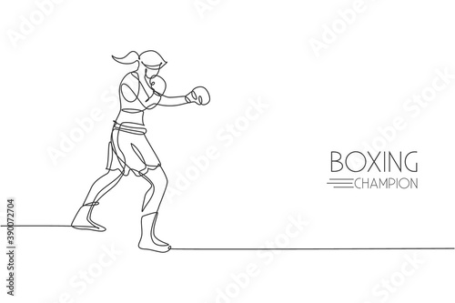 One single line drawing of young energetic woman boxer practicing punch at sport gym vector illustration. Sport combative training concept. Modern continuous line draw design for boxing event banner