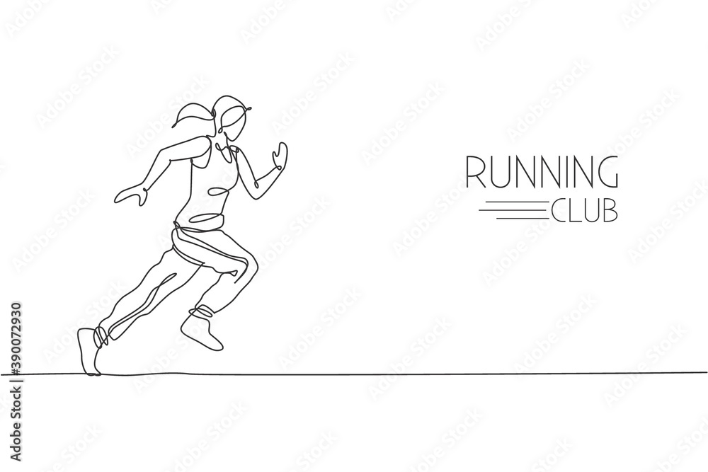 Single continuous line drawing young agile woman runner run relax. Individual sport with competition concept. Trendy one line draw design graphic vector illustration for running tournament promotion