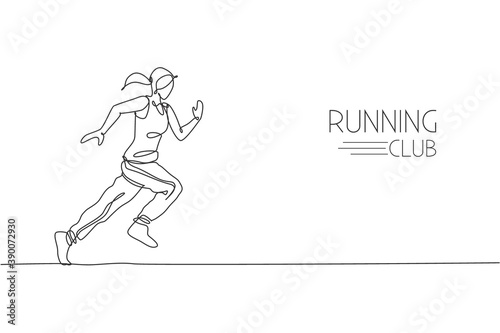 Single continuous line drawing young agile woman runner run relax. Individual sport with competition concept. Trendy one line draw design graphic vector illustration for running tournament promotion