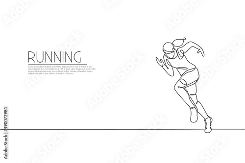 One continuous line drawing of young woman athlete runner focus sprint fast. Individual sport  competitive concept. Dynamic single line draw design vector illustration for running competition poster
