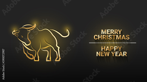 Golden metal bull on a black background. Inscription Merry Christmas and Happy New Year. Symbol of the Chinese new year 2021. 3d realistic vector