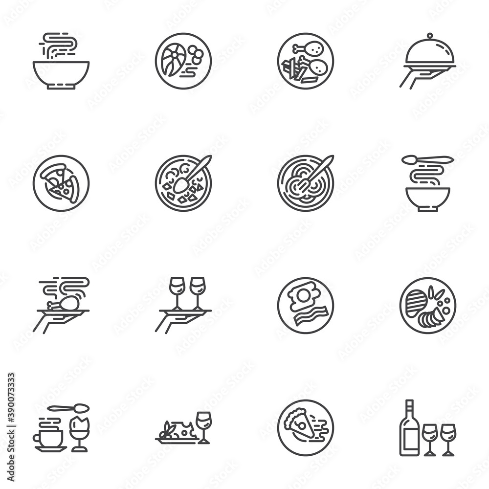 Restaurant food line icons set, food menu outline vector symbol collection, linear style pictogram pack. Signs logo illustration. Set includes icons as pizza, noodles, breakfast plate, tea, coffee cup Restaurant food line icons set, food menu outline vector symbol collection, linear style pictogram pack. Signs logo illustration. Set includes icons as pizza, noodles, breakfast plate, tea, coffee cup