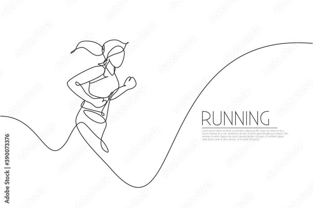 One single line drawing of young energetic woman runner jogging run ...