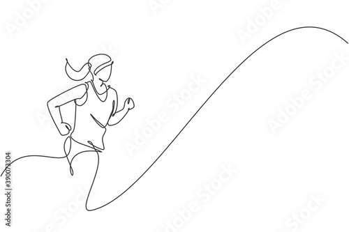 One single line drawing of young energetic woman runner run relax at track vector illustration. Individual sports, training concept. Modern continuous line draw design for running competition banner