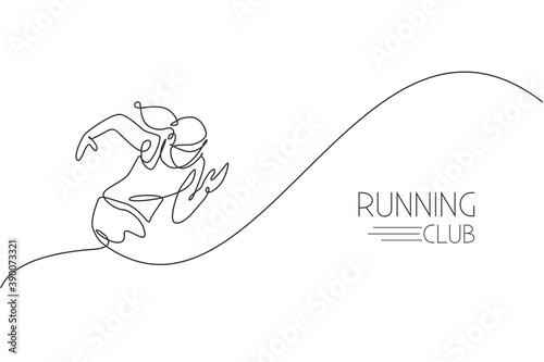 One continuous line drawing of young woman athlete runner focus sprint run. Individual sport, competitive concept. Dynamic single line draw design vector illustration for running competition poster