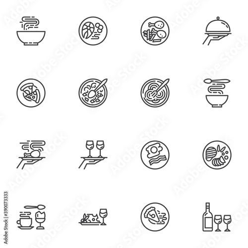 Restaurant food line icons set, food menu outline vector symbol collection, linear style pictogram pack. Signs logo illustration. Set includes icons as pizza, noodles, breakfast plate, tea, coffee cup