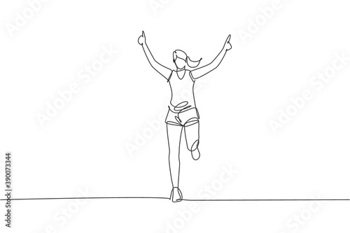 One continuous line drawing of young woman athlete runner reach finish line. Individual sport, competitive concept. Dynamic single line draw design vector illustration for running competition poster
