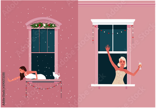 New Year or Christmas celebration. Lockdown. Quarantine life. Window frames with neighbors celebrating. Snow. Colorful vector illustration in modern flat style.