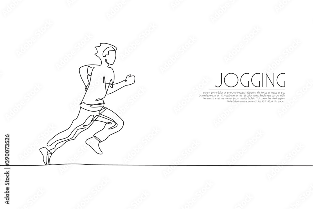 Single continuous line drawing of young agile man runner jogging run relax. Individual sport with competition concept. Trendy one line draw design vector illustration for running tournament promotion Single continuous line drawing of young agile man runner jogging run relax. Individual sport with competition concept. Trendy one line draw design vector illustration for running tournament promotion