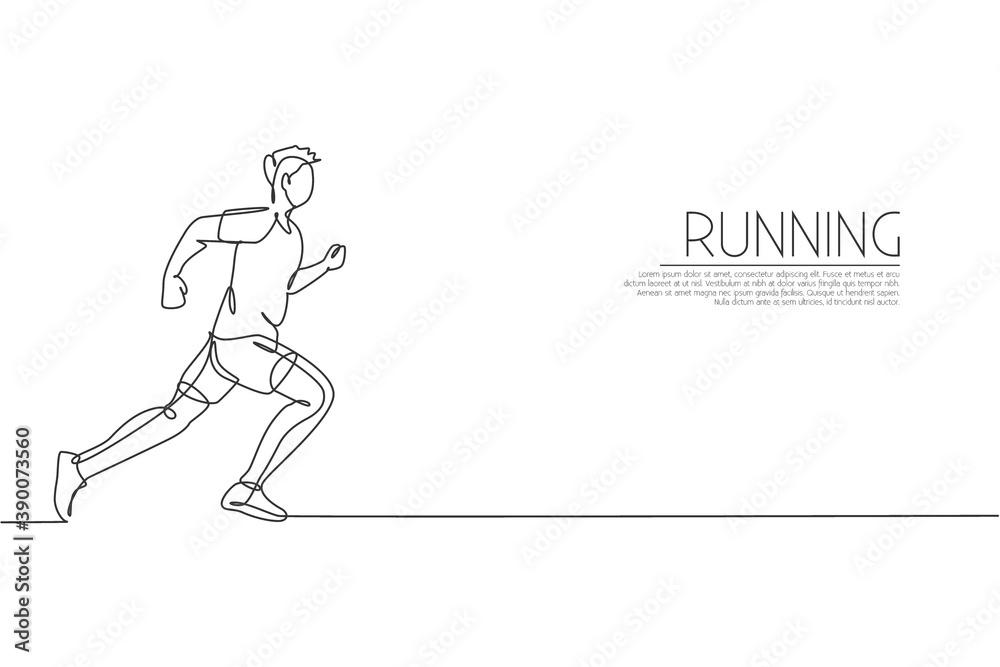One single line drawing of young energetic man runner running fast graphic vector illustration. Individual sports, training concept. Modern continuous line draw design for running competition banner