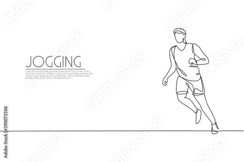 One single line drawing of young energetic man runner run relax vector illustration graphic. Individual sports, training concept. Modern continuous line draw design for running competition banner