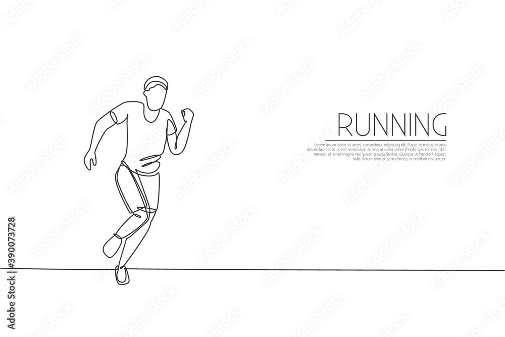 Single continuous line drawing of young agile man runner try to reach finish. Individual sport and competition concept. Trendy one line draw design vector illustration for running tournament promotion Single continuous line drawing of young agile man runner try to reach finish. Individual sport and competition concept. Trendy one line draw design vector illustration for running tournament promotion