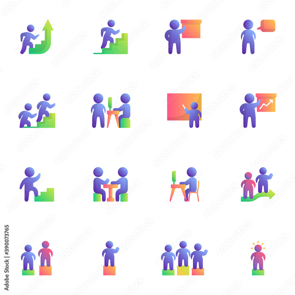 Business teamwork collection, flat icons set, Colorful symbols pack contains - business presentation, career ladder, people on winner podium, office work. Vector illustration. Flat style design