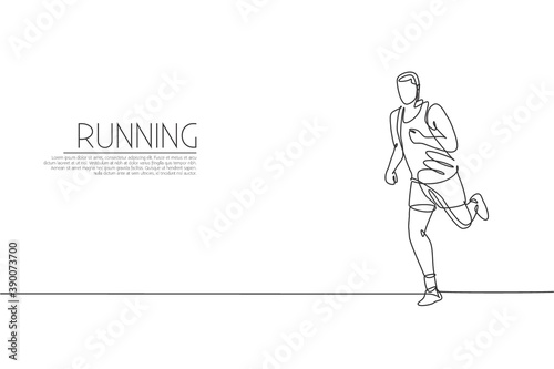One single line drawing young energetic man runner focus run relax vector graphic illustration. Individual sports, training concept. Modern continuous line draw design for running competition banner
