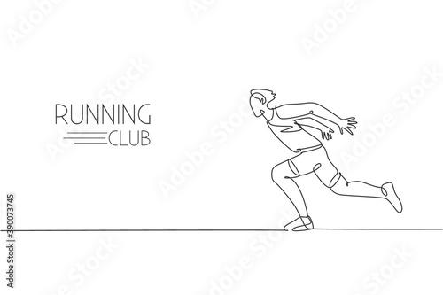 One single line drawing of young energetic man runner sprint run so fast vector illustration. Individual sports, training concept. Modern continuous line draw design for running competition banner