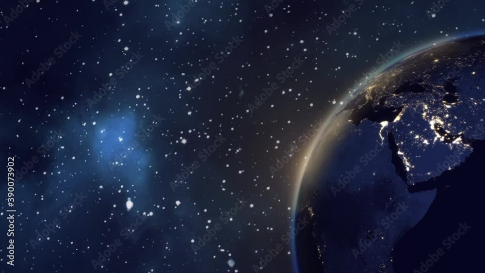 Earth. View from space. Stars twinkle. Flight over the Earth. Beautiful View from space to earth 