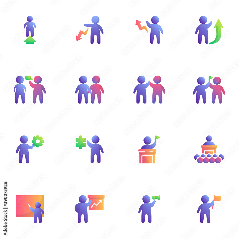 Business people collection, people teamwork flat icons set, Colorful symbols pack contains - partnership meeting, creative innovation, business presentation. Vector illustration. Flat style design