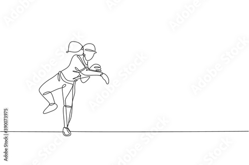 Wallpaper Mural One single line drawing of young energetic woman baseball player practice throw the ball vector illustration. Sport training concept. Modern continuous line draw design for baseball tournament banner Torontodigital.ca
