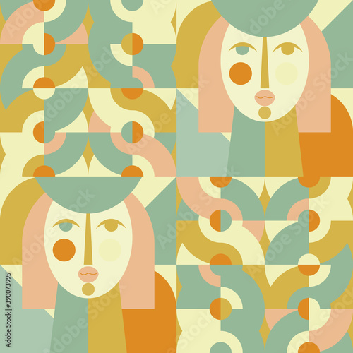 Geometric vector seamless pattern in retro style . Modern background with circles, semicircles and stylized female face in scandinavian design style,