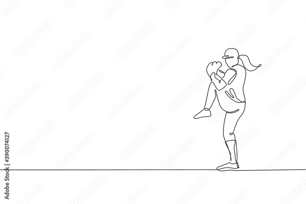 Single continuous line drawing of young agile woman baseball player practice to throw the ball. Sport exercise concept. Trendy one line draw design vector illustration for baseball promotion media