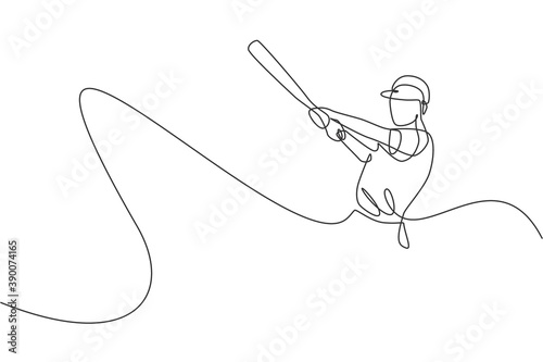 One continuous line drawing of young sporty man baseball player seriously practice at arena. Competitive sport concept. Dynamic single line draw design graphic vector illustration for promotion poster