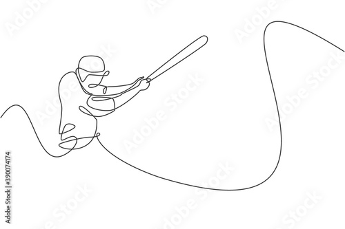 Single continuous line drawing of young agile man baseball player hit the ball home run so hard. Sport exercise concept. Trendy one line draw design vector illustration for baseball promotion media