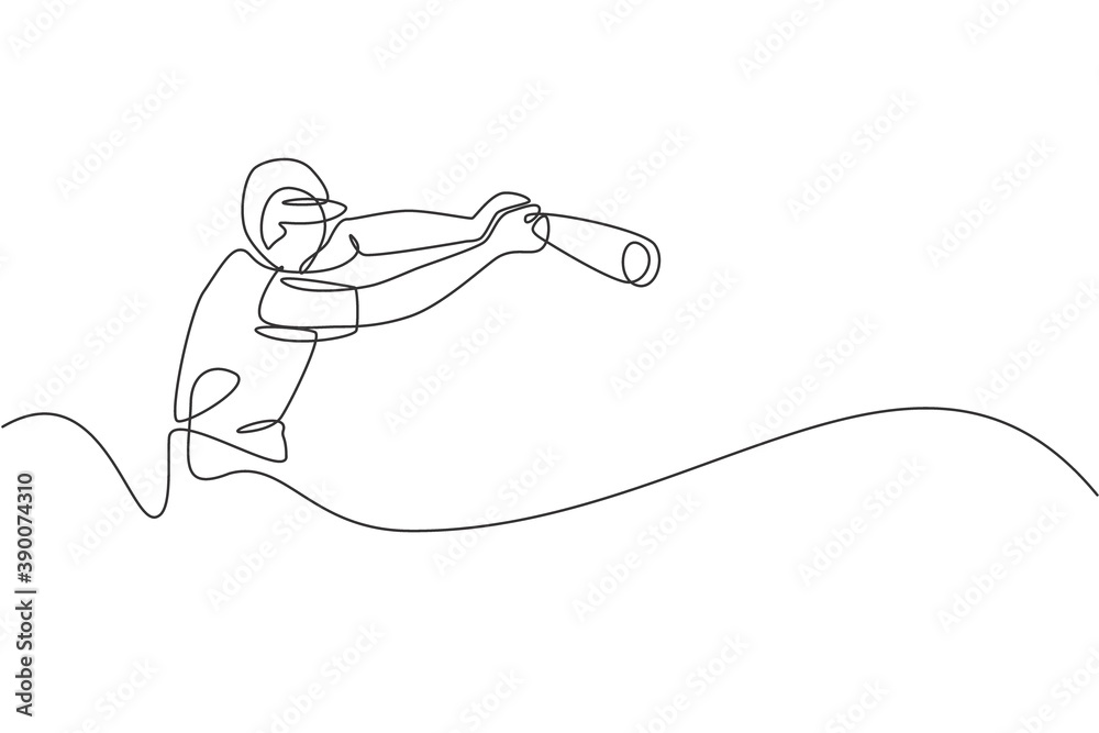Single continuous line drawing of young agile man baseball player practice to hit the ball. Sport exercise concept. Trendy one line draw design vector illustration graphic for baseball promotion media