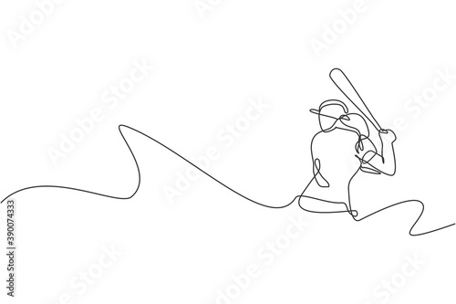 Single continuous line drawing young agile woman baseball player practice to hit the ball. Sport exercise concept. Trendy one line draw design graphic vector illustration for baseball promotion media