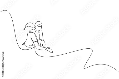 One single line drawing of young energetic woman baseball player focus to throw the ball vector illustration. Sport training concept. Modern continuous line draw design for baseball tournament banner