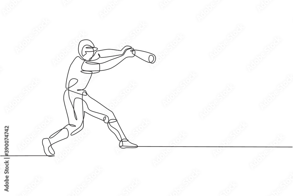 Fototapeta premium One single line drawing of young energetic man baseball player practice to hit the ball vector illustration. Sport training concept. Modern continuous line draw design for baseball tournament banner