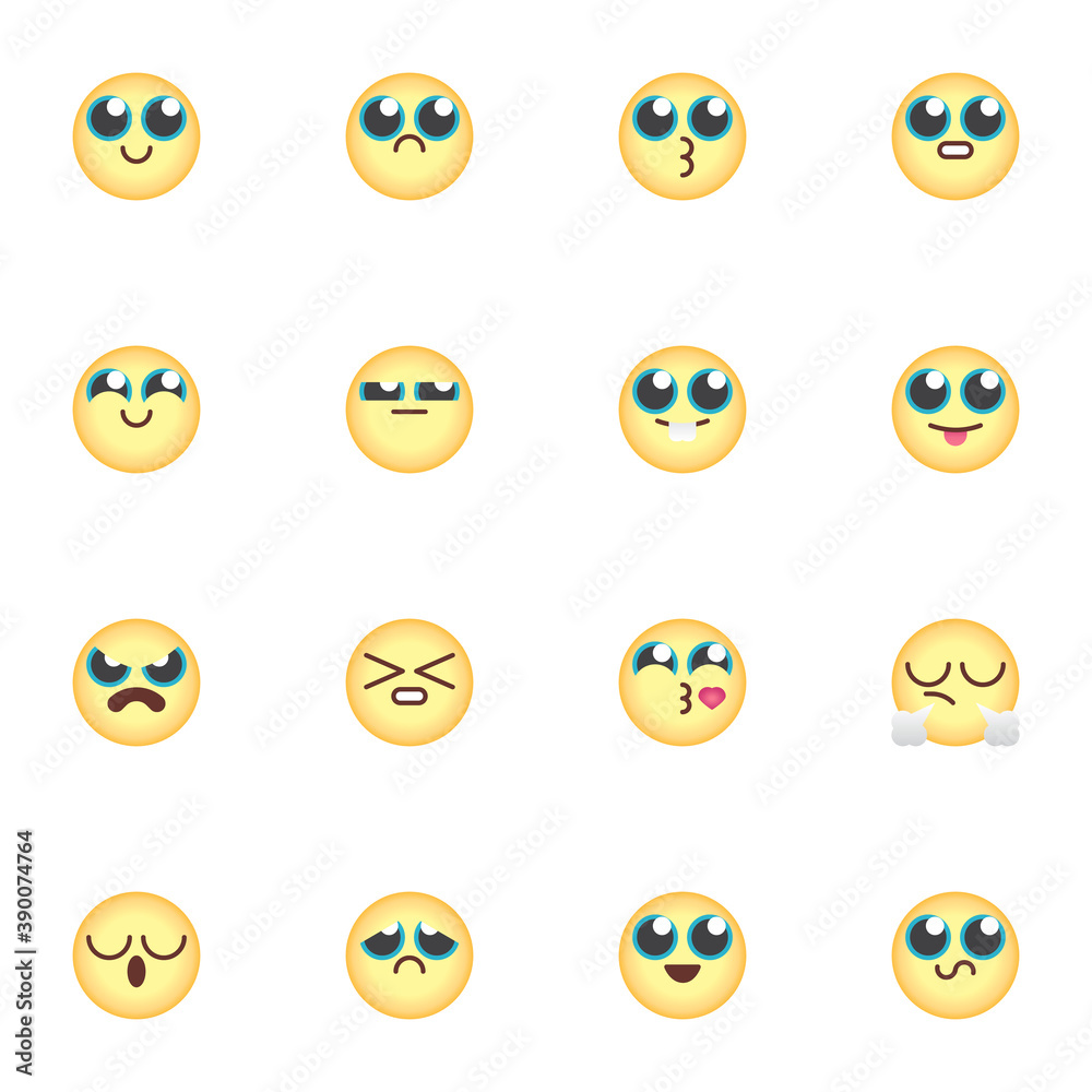 Yellow emoji collection, round smiley flat icons set, Colorful symbols pack contains - chat emoticons, happy face emoticon, angry, sad, cry, sleep. Vector illustration. Flat style design Yellow emoji collection, round smiley flat icons set, Colorful symbols pack contains - chat emoticons, happy face emoticon, angry, sad, cry, sleep. Vector illustration. Flat style design
