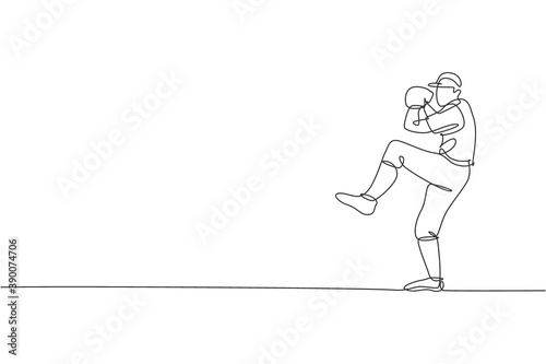 Single continuous line drawing young agile man baseball pitcher practice to throw the ball. Sport exercise concept. Trendy one line draw design vector graphic illustration for baseball promotion media