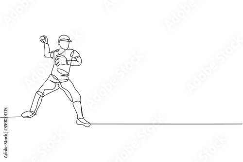 One continuous line drawing of young sporty man baseball player focus practice to throw the ball. Competitive sport concept. Dynamic single line draw design vector illustration for promotion poster