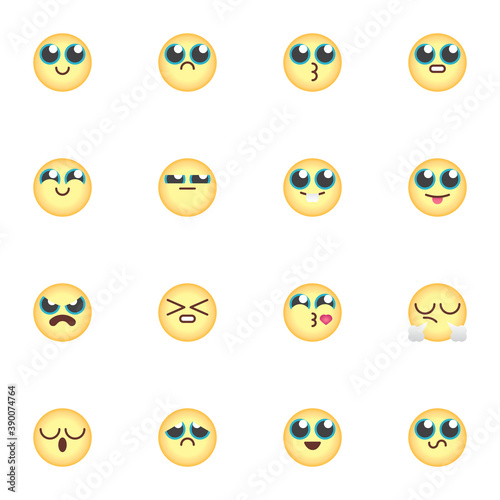 Yellow emoji collection, round smiley flat icons set, Colorful symbols pack contains - chat emoticons, happy face emoticon, angry, sad, cry, sleep. Vector illustration. Flat style design
