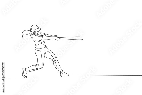 One continuous line drawing of young sporty woman baseball player practice to hit the ball. Competitive sport concept. Dynamic single line draw design vector graphic illustration for promotion poster