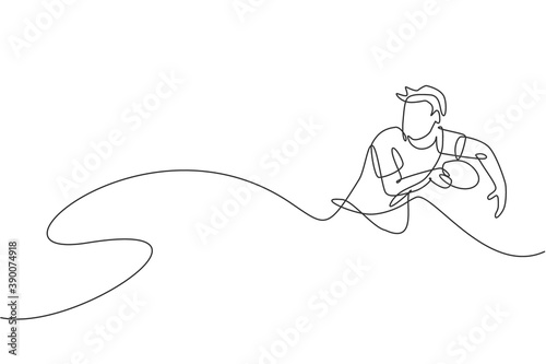 One single line drawing of energetic man table tennis player focus receive rival ball vector illustration. Sport training concept. Modern continuous line draw design for ping pong tournament banner