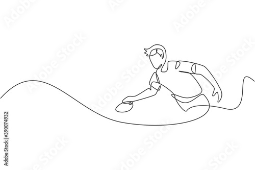 One continuous line drawing of young sporty man table tennis player focus to practice. Competitive sport concept. Single line draw design vector graphic illustration for ping pong championship poster