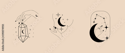 Hand gesture and moon simple linear template logo design. Magic astrological concepts tattoo, Fashion sticker, wall arts, magic book. Hand drawn vector illustration.