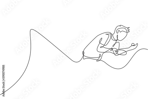 One single line drawing of young energetic man table tennis player practice serve a ball vector illustration. Sport training concept. Modern continuous line draw design for ping pong tournament banner