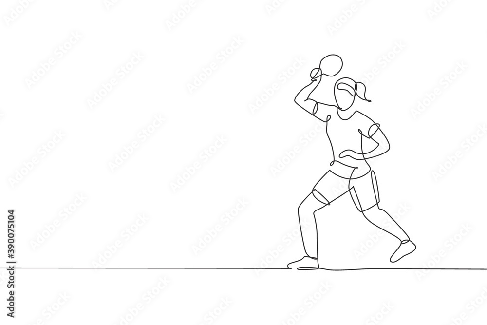 One continuous line drawing of young woman table tennis player turn the ball back to rival. Competitive sport concept. Single line draw design vector illustration for ping pong championship poster One continuous line drawing of young woman table tennis player turn the ball back to rival. Competitive sport concept. Single line draw design vector illustration for ping pong championship poster