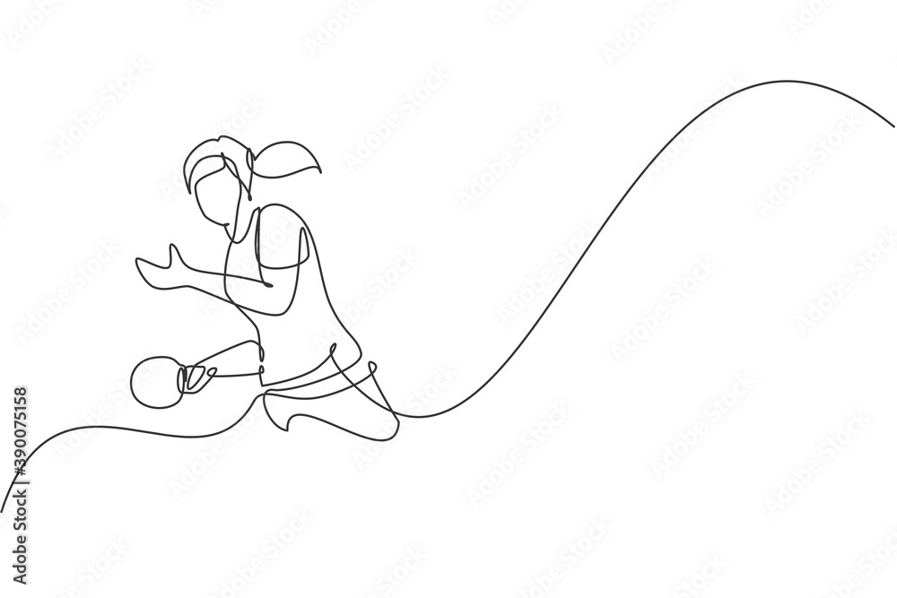 One continuous line drawing of young sporty woman table tennis player seriously take the serve. Competitive sport concept. Single line draw design vector illustration for ping pong championship poster One continuous line drawing of young sporty woman table tennis player seriously take the serve. Competitive sport concept. Single line draw design vector illustration for ping pong championship poster