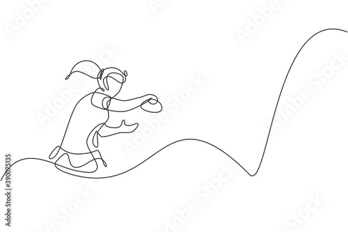 One continuous line drawing of young sporty woman table tennis player practicing her smash hit. Competitive sport concept. Single line draw design vector illustration for ping pong championship poster