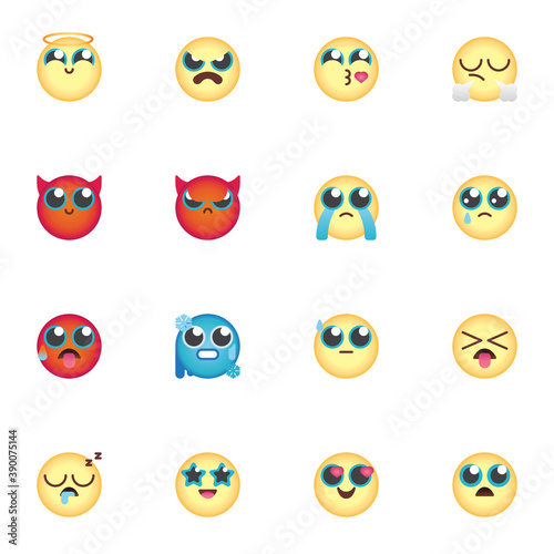 Cartoon emoji collection, chat emoticon flat icons set, Colorful symbols pack contains - smiley face, angry, sad, loudly cry, sleep, evil head with horns. Vector illustration. Flat style design