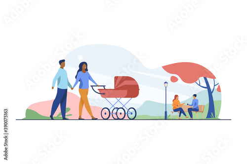 Happy couple walking in autumn park with buggy. Pram, family, baby flat vector illustration. Weekend and holiday concept for banner, website design or landing web page