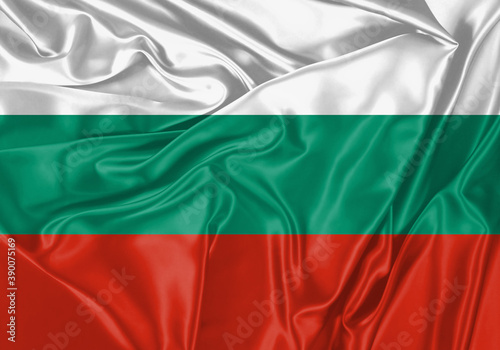 Bulgaria flag waving in the wind. National flag on satin cloth surface texture. Background for international concept.
