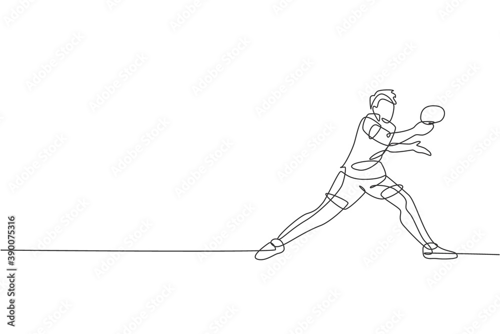 One continuous line drawing of young sporty man table tennis player hold the opponent ball. Competitive sport concept. Single line draw design vector illustration for ping pong championship poster One continuous line drawing of young sporty man table tennis player hold the opponent ball. Competitive sport concept. Single line draw design vector illustration for ping pong championship poster