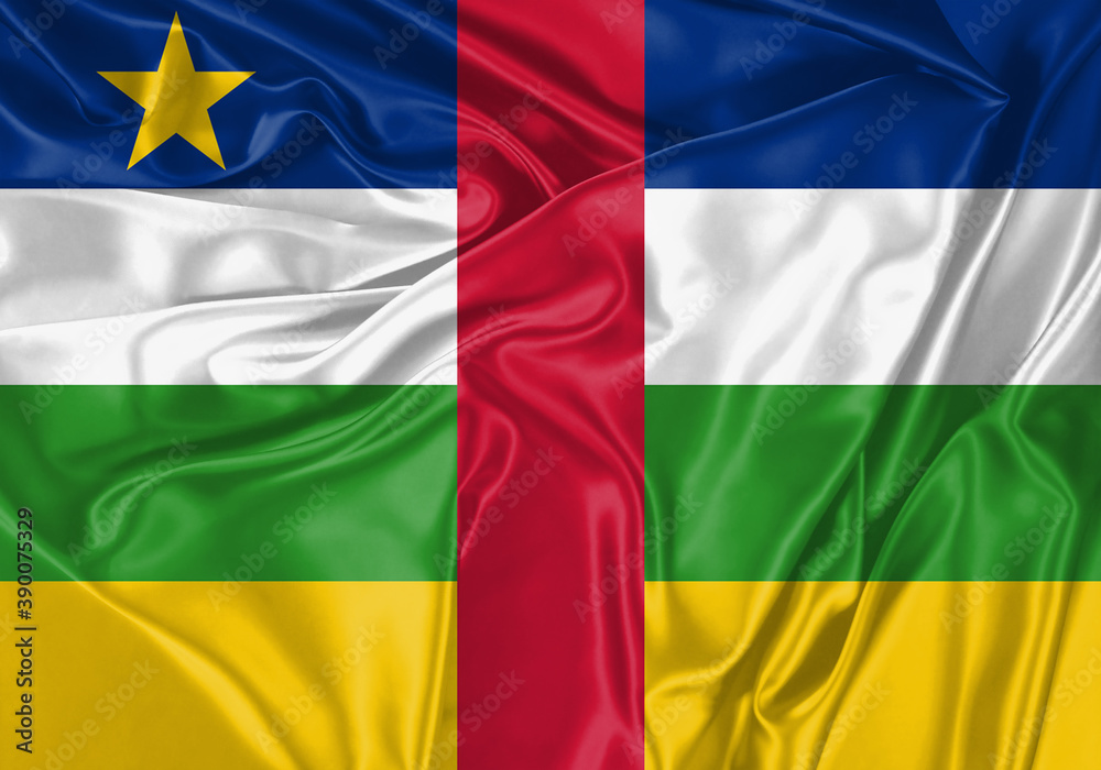 Obraz premium Central African Republic flag waving in the wind. National flag on satin cloth surface texture. Background for international concept.