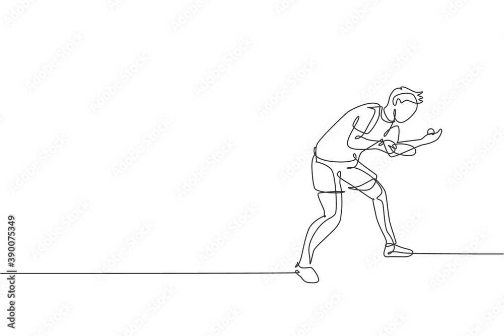 One single line drawing of young energetic man table tennis player ready to ball serving vector illustration. Sport training concept. Modern continuous line draw design for ping pong tournament banner One single line drawing of young energetic man table tennis player ready to ball serving vector illustration. Sport training concept. Modern continuous line draw design for ping pong tournament banner
