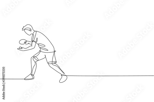 Single continuous line drawing of young agile man table tennis player do ball service. Sport exercise concept. Trendy one line draw design vector illustration for ping pong tournament promotion media